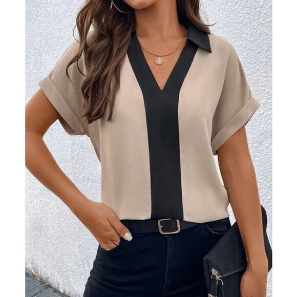 Apricot & Black Women's Color Block Bal Collar V-Neck Short Sleeve Blouse M #184 - Picture 1 of 6